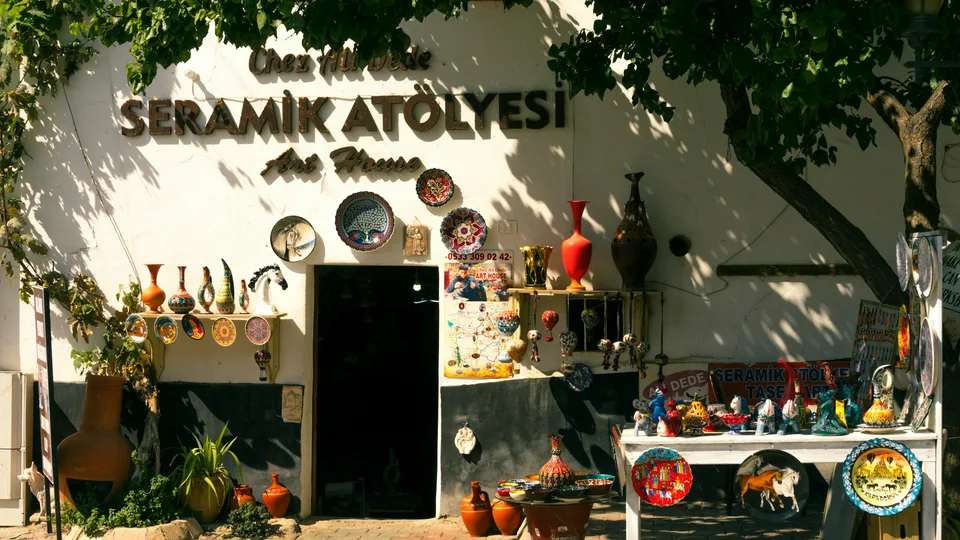 Entrance of a ceramics workshop decorated with colourful pottery